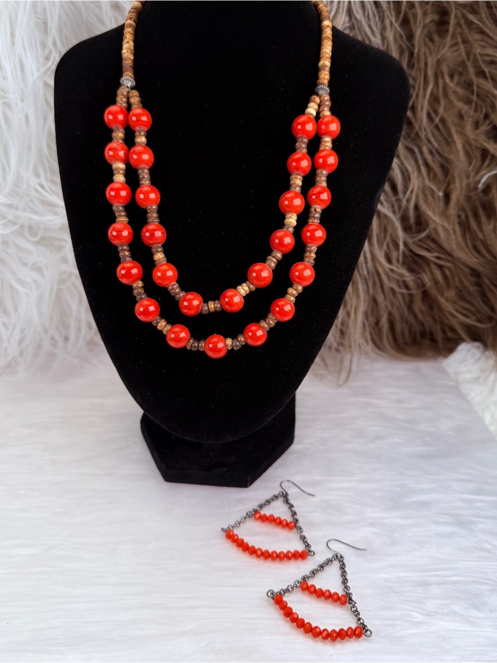 Red Brown Double Strand Beaded Necklace & Dangle Earrings Jewelry Set